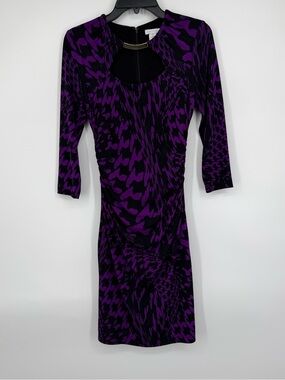 Cache Animal Print Long Sleeve Dress with Ruched Detail Purple Black